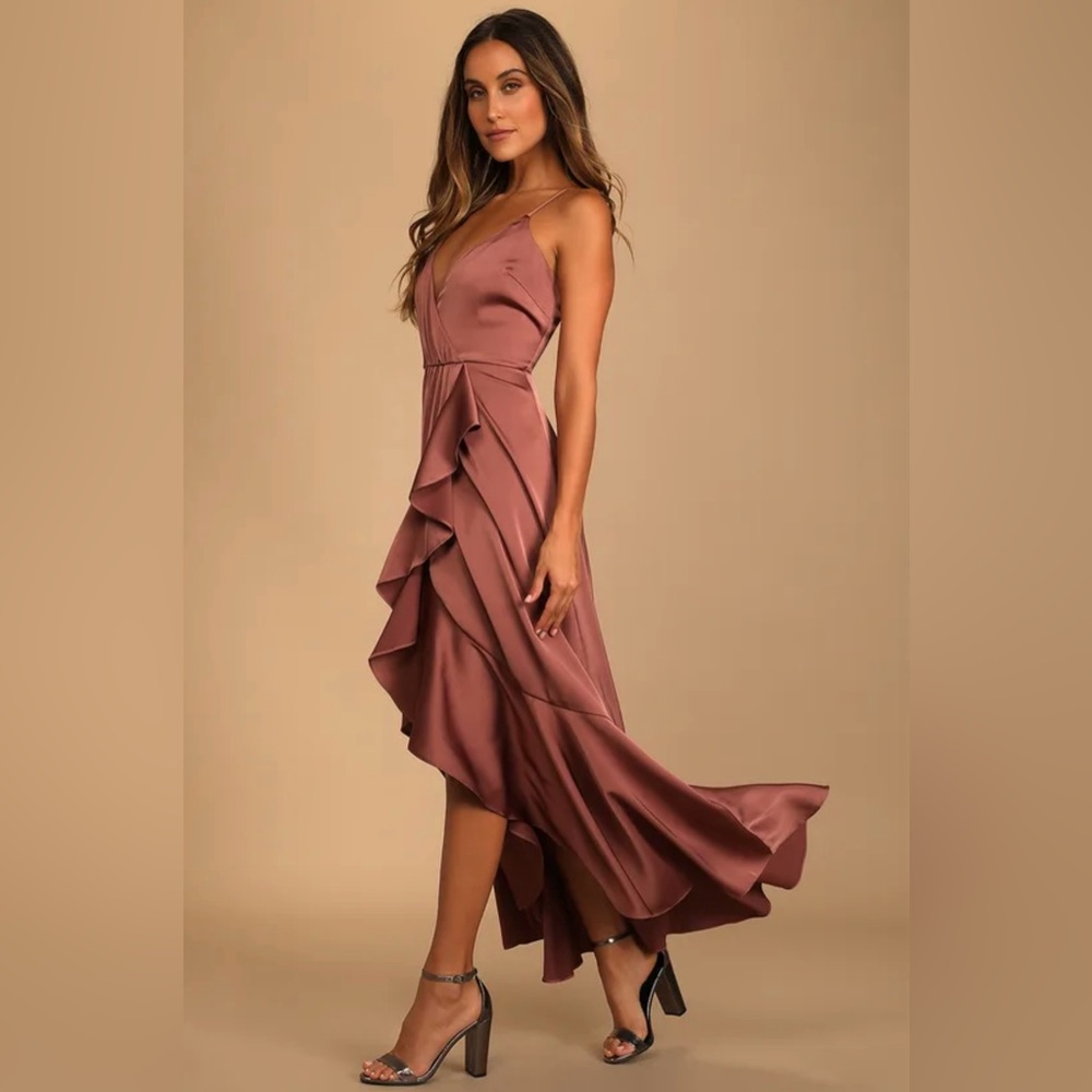 Lulus - Enchanted Moments Mauve Pink Satin Ruffled High-Low Dress - Size Medium